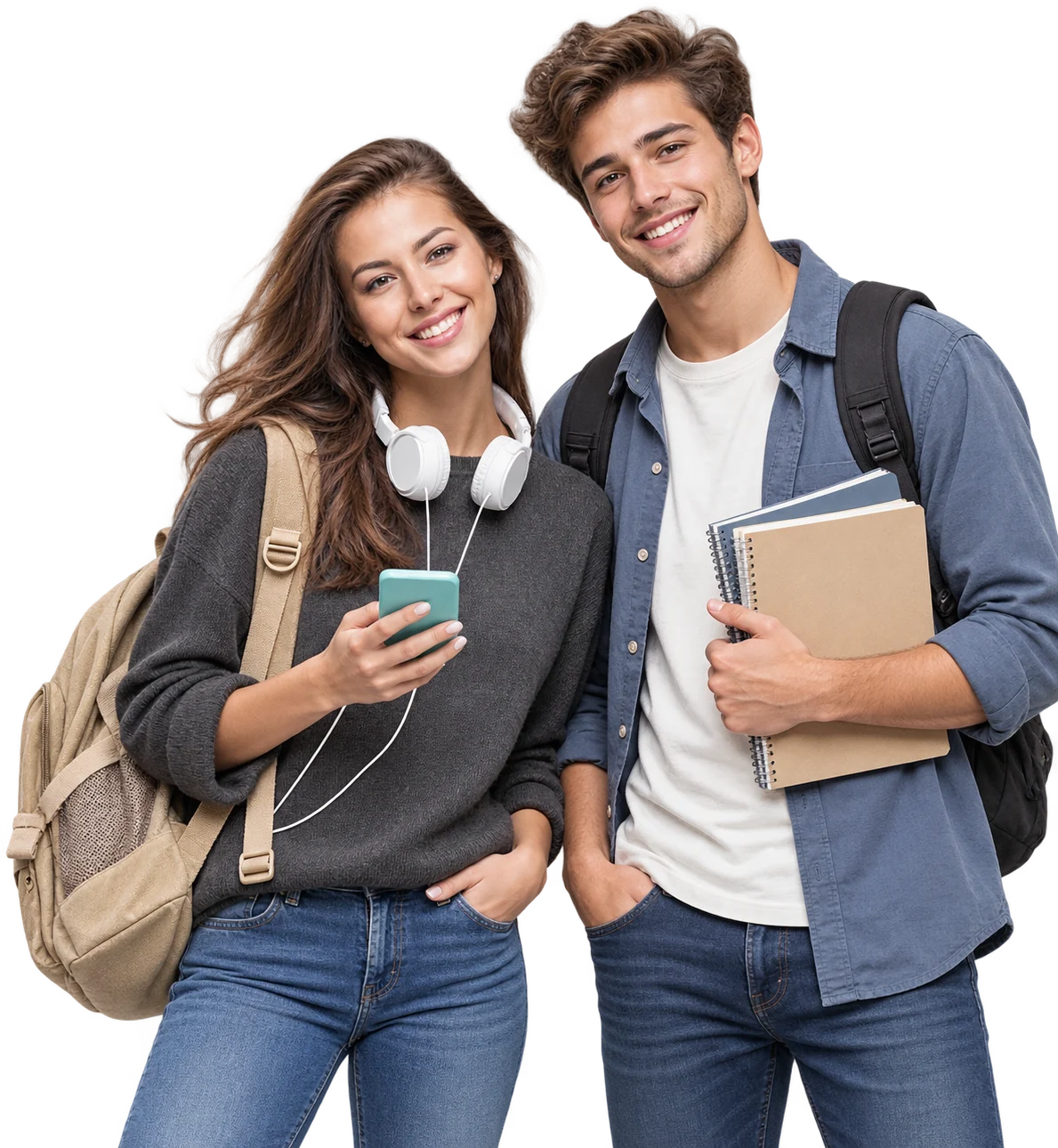 Two smiling university students with a backpack, headphones and notebooks